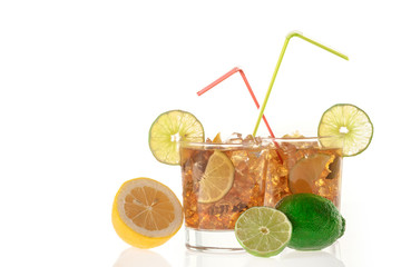 Fresh Fresh cocktail with cola drink and lime fruit