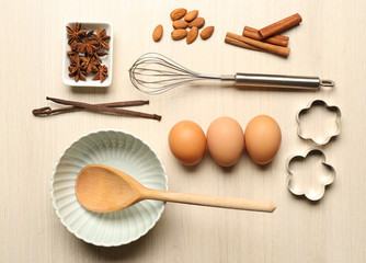 Food ingredients and kitchen utensils for cooking