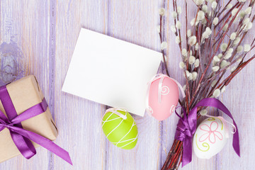 Greeting card, pussy willow and easter eggs