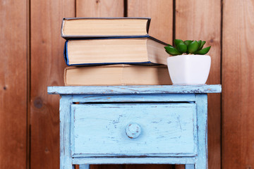 Interior design with plant and stack of books