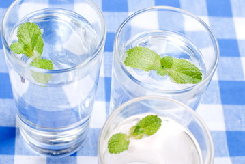 glass of clean water with mint on a table covered with a checker