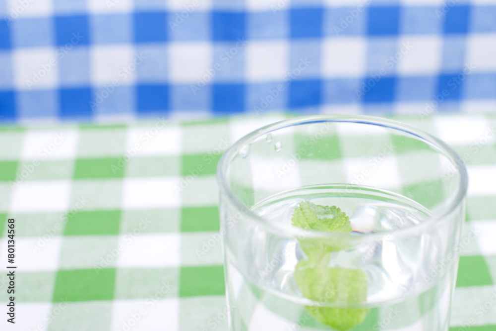 Wall mural glass of clean water with mint on a table covered with a checker