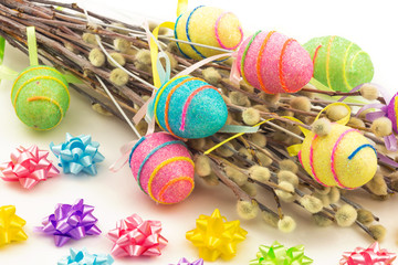 Fototapeta na wymiar Decorative easter eggs and willow