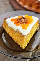 Piece of carrot pie with icing