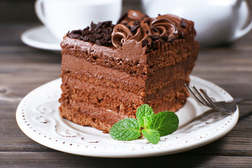 Tasty piece of chocolate cake with mint