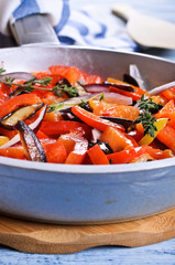 The vegetables in the pan