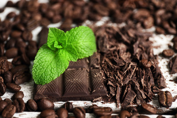 Chocolate with grains and mint, closeup