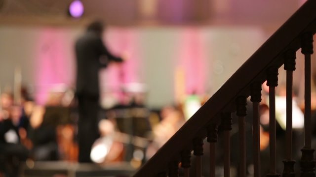 Back of conductor and musicians in concert hall and banister