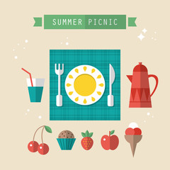 Flat modern icons for summer picnic concept