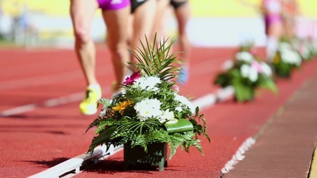 Flowerbed stand near track where women run during race