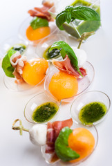 melon,mozzarella and prosciutto on skewers