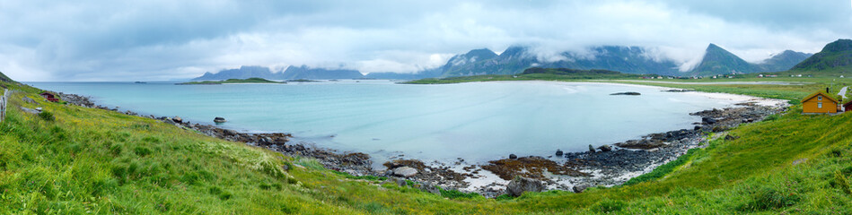 Ramberg beach summer cloudy panorama (Norway, Lofoten).