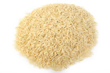 Pile of brown rice on white background