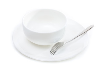 white ceramics plate and bowl on white background