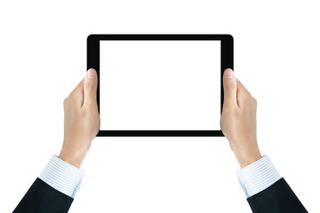 Businessman hands holding tablet pc with blank isolated screen