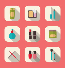 Set beauty and makeup icons with long shadow, modern flat design