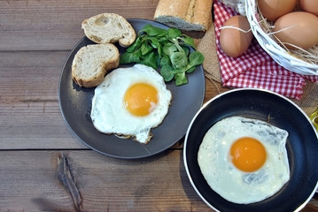Fried eggs with plate, bread, and oilcan