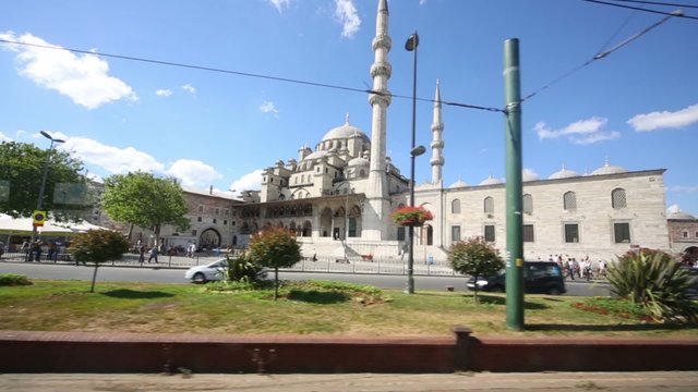View from tram window to mosque  in Istanbul, Turkey