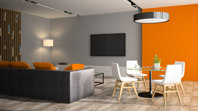 Modern interior with black sofa and orange wall 3D rendering