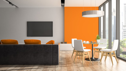 Modern interior with white chairs and orange wall 3D rendering