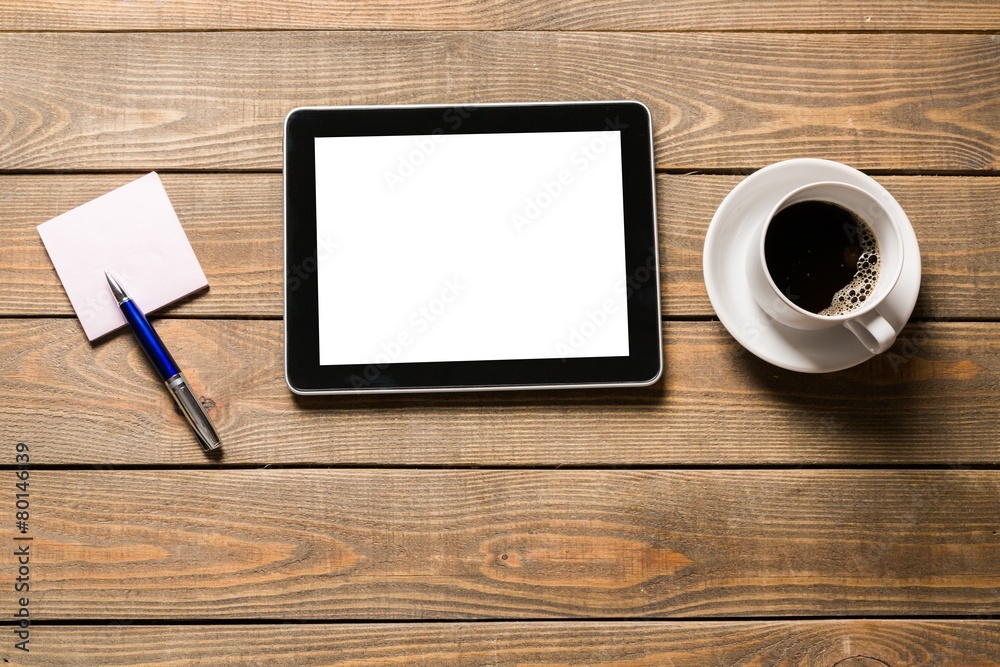 Poster Ipad. Digital tablet computer with sticky note paper and cup of