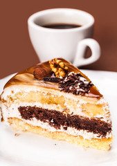 fresh walnut cake and cup of coffee