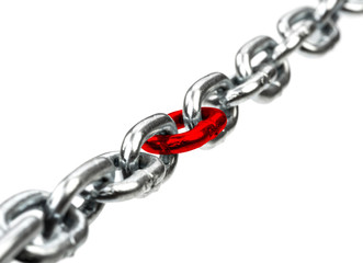 Steel chain with red chain center isolated on  white bacground