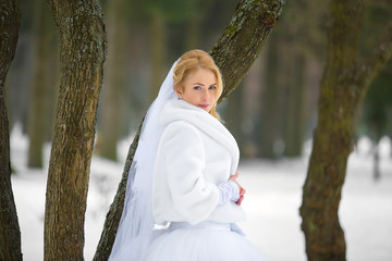 Portrait of a beautiful bride in winter in park
