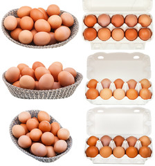 set of chicken eggs in containers and baskets