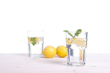 water with lemon and mint in a glass on the table side view of i