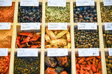 Assortment of spices in wooden boxe