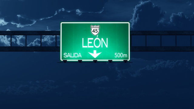 Leon Mexico Highway Road Sign at Night
