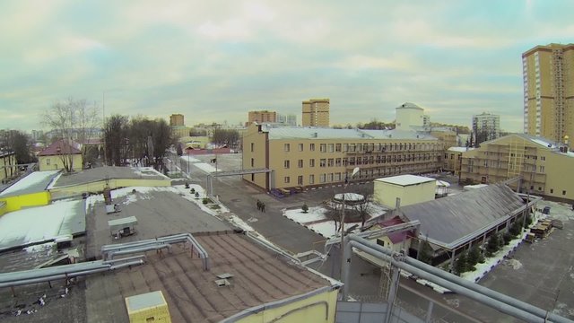 Military garrison with plateau near barracks at winter day