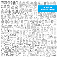Vector set with doodles of fashionable clothes and accessories - obrazy, fototapety, plakaty