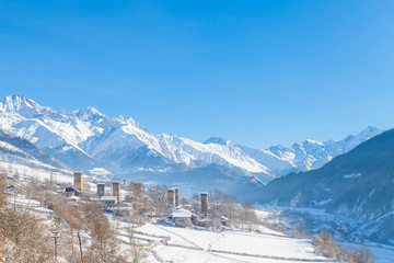 Village with towers in the Valley of Caucasus Mountains