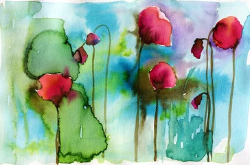Papier Peint photo Lavable Inspiration picturale illustration à l& 39 aquarelle représentant des fleurs de printemps dans le pré