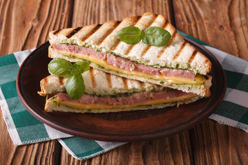 Delicious grilled sandwich with ham, cheese and basil