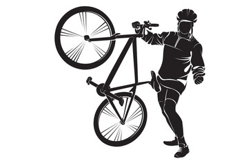 Cyclist with bike. Vector silhouette on white