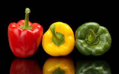 Red,green,yellow wet bell peppers on black with water drops