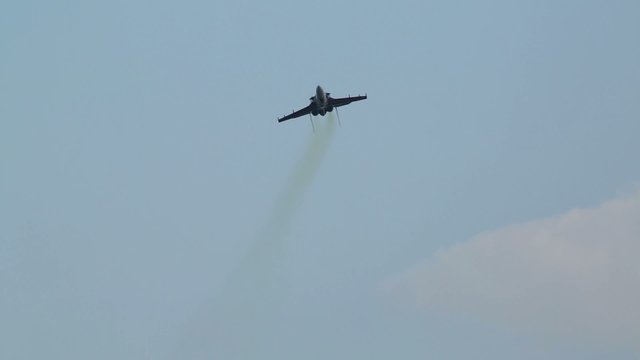 Russian SU-27 aircraft makes a trick at air show