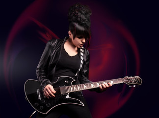 Alternative rock girl with guitar fractal background