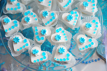 Fototapeta na wymiar Pastry hearts with blue jelly set