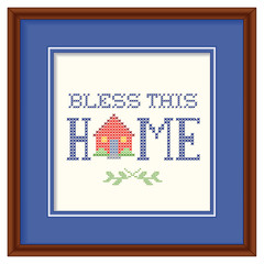 Bless This Home needlework cross stitch house, mat, wood frame