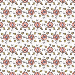 Vector pattern with hand drawn, colored and spring flowers