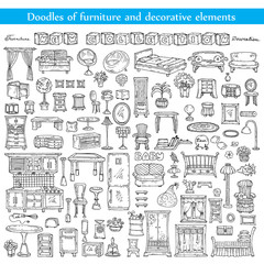Vector set with doodles of furniture and decorative elements