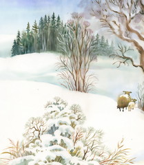 Watercolor winter landscape with sheeps