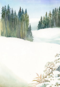 Watercolor winter landscape with hills and trees