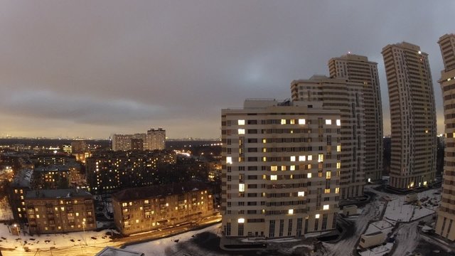 Panorama of city in the evening. Timelapse