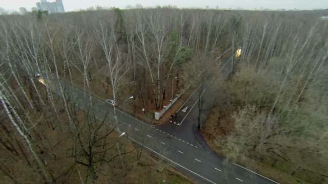 Car rides by roads of t-shaped crossroad in park on Elk island