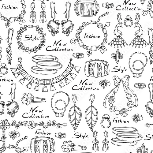 "Vector pattern with hand drawn and fashionable jewelry on white" Stock ...